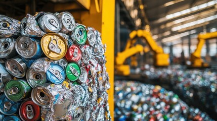 Shiny aluminium cans stacked for recycling industrial processing station with robotic arms efficient urban waste management futuristic backdrop vibrant tones