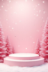 pink podium surrounded pink winter holiday decorations snowy backdrop stands elegant style