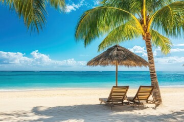 Fototapeta premium Panorama banner photo of idyllic tropical beach with palm tree