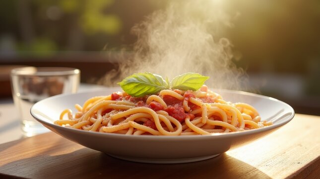 Delicious spaghetti served on a wooden table with steam rising in the warm evening sunlight, garnished with fresh basil leaves