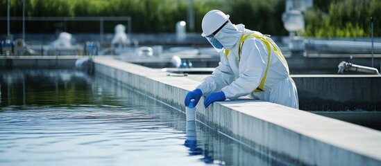 A worker in a white protective suit and blue gloves takes a water sample at a water treatment plant.