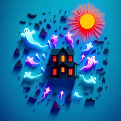 Top Down View of Haunted House with Ghost Silhouette in Neon Art Style on Blue Background
