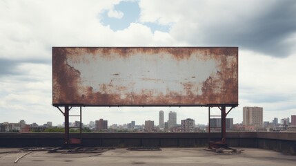 A massive rusty billboard towers over an empty lot, silhouetted against a cloudy urban skyline, evoking desolation and untapped potential.