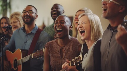 A joyful gathering of diverse people are singing with enthusiasm, creating a lively, harmonious atmosphere filled with smiles and uplifting energy.