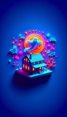 Fototapeta premium Top Down View of Haunted House with Ghost Silhouette in Neon Art Style on Blue Background