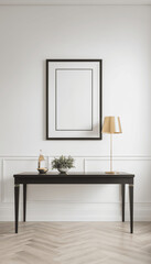 Mock up frame hanging on a white wall with minimal decoration