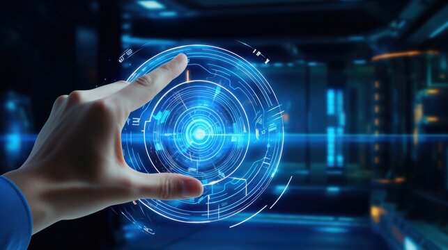 A hand reaches towards a luminous blue digital interface, conveying technology's futuristic touch and the interactive possibilities of virtual exploration.