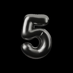 Vector 3d illustration of number five, in shiny chrome black color.