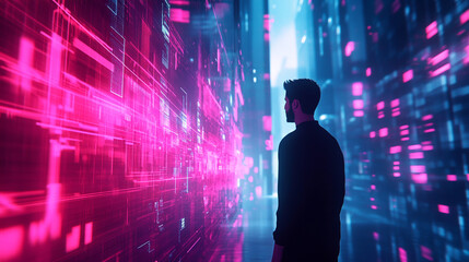 Fototapeta premium Man in Silhouette Gazing at Abstract Digital Wall with Neon Lights