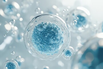 Close-up of blue exosome particles inside transparent spheres. 3D illustration of exosomes in biotechnology. Scientific visualization related to cosmetology and trichology.enerated image
