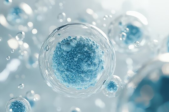 Close-up of blue exosome particles inside transparent spheres. 3D illustration of exosomes in biotechnology. Scientific visualization related to cosmetology and trichology.enerated image