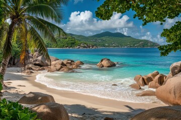 Obraz premium Panorama banner photo of idyllic tropical beach with palm tree
