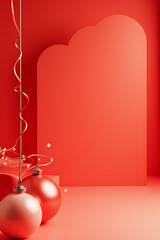 red cream christmas backdrop neon ball abstract design minimalist holiday product display setting