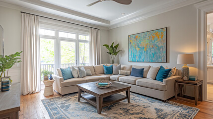 Fototapeta premium Modern Living Room Interior Design with Sectional Sofa Coffee Table and Abstract Art