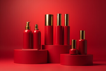 red bottles display cosmetics red podium christmas sale beauty products
