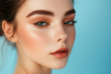 Fototapeta premium Elegant close-up portrait of a young woman with natural makeup against a soft blue background during daytime. Generative AI