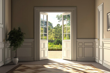 Obraz premium Bright daylight shines through open double doors, showcasing a sunny garden view from an elegant indoor space. Generative AI