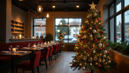 Festive christmas tree in cozy restaurant setting for holiday dining