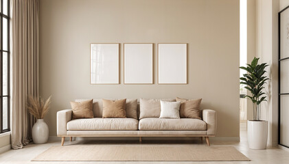 Modern minimalistic living room design in beige color with empty poster frames , mock up.