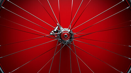 Close-up of bicycle wheel spokes on red background
