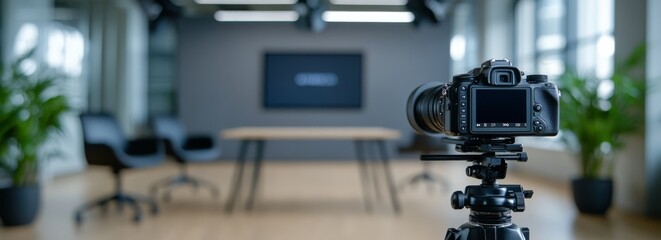 A professional DSLR camera on a tripod is set up in a modern studio, representing video production, content creation, and filming..