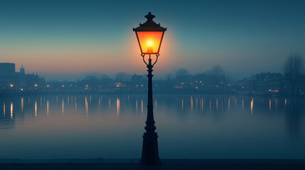 Obraz premium Foggy evening by a river with a glowing street lamp in Amsterdam