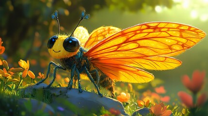 Naklejka premium Cute Yellow Insect with Wings in Nature