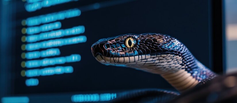 A snake's head peering out from behind a computer screen, looking intently at the code on the monitor.