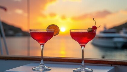 Elegant cocktails with fresh fruit garnishes on a yacht deck with a vibrant sunset view