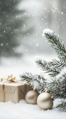 Frosty Christmas setting with pine cones, ornaments, and sparkling lights amidst a snowy backdrop.