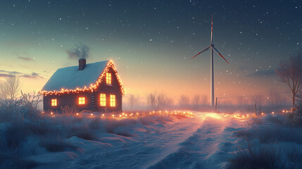 Snowy cabin with Christmas lights and wind turbine at dusk