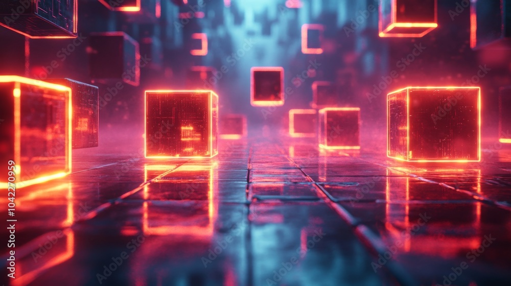 Poster glowing neon cubes float amidst a misty, reflective landscape, enhancing the futuristic atmosphere. 