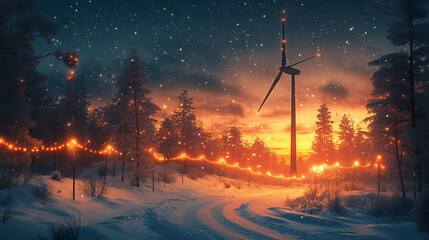 Wind turbine and string lights in snowy forest at dusk