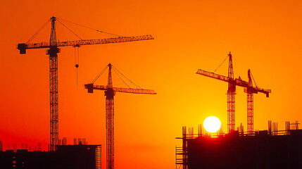 Construction Cranes Silhouette at Sunset with Buildings Under Construction