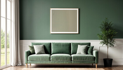 Fototapeta premium Modern minimalistic living room design in green color with empty poster frames , mock up.