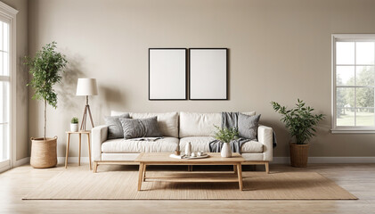 Modern minimalistic living room design in beige color with empty poster frames , mock up.