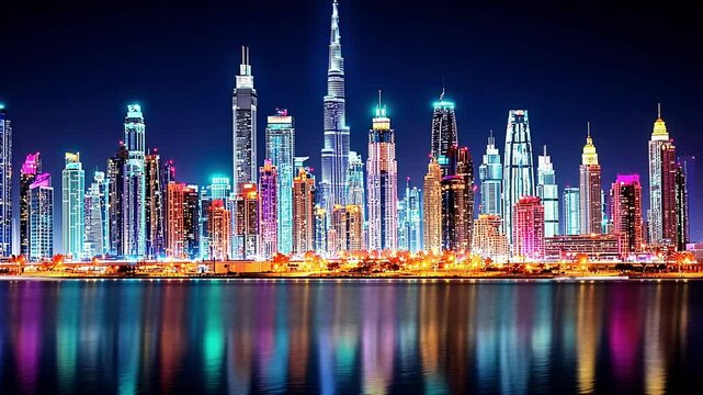 Stunning Nighttime Skyline of Dubai Showcasing Illuminated Skyscrapers Along the Waterfront