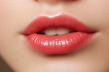 Fototapeta premium Close-up of soft, glossy lips wearing a vibrant shade of coral lipstick against a neutral background in natural lighting. Generative AI