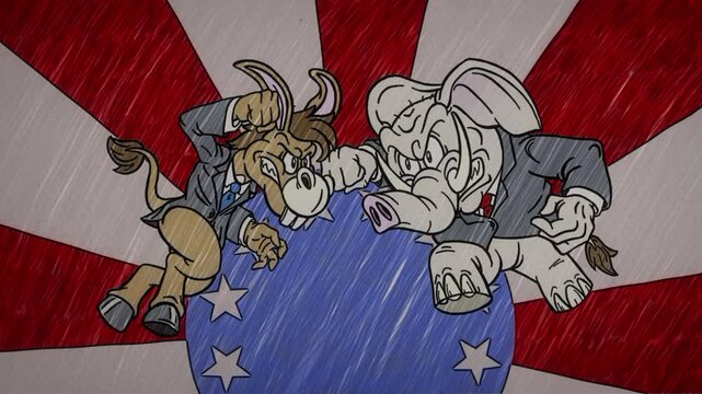 Hand Drawn Sketched Cartoon Democrat Donkey vs Republican Elephant