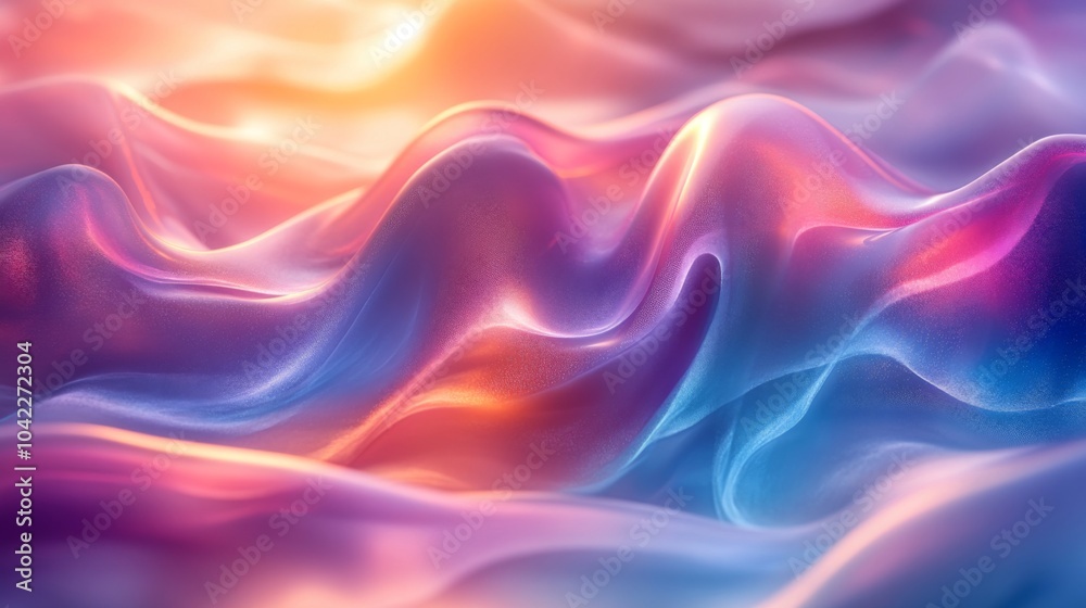 Poster Delicate waves of fabric flow smoothly in an array of soft pastel colors, illuminated by warm light, creating a calming and vibrant atmosphere.