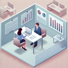 オフィスでクライアントと商談しているアイソメトリック画像 Isometric image of a business meeting with a client in the office