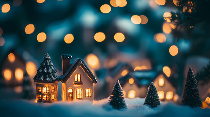 Fototapeta premium A Christmas village at night with warm glowing lights