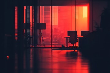 A photography of a deep red , very shadowy modern office. The image has a moody and suspenseful atmosphere