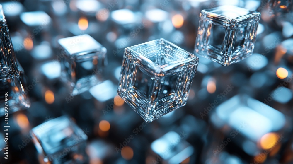 Aufkleber Floating glass cubes create a stunning visual amid soft glowing lights, enhancing the dark atmosphere and showcasing intricate reflections.