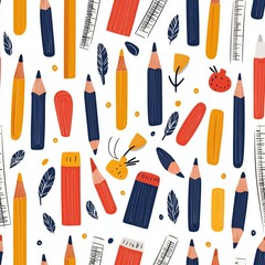 Obraz premium Handdrawn doodles of various school supplies in a seamless pattern