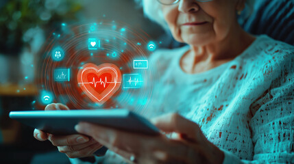 Elderly person(s) engaged in the digital age using family or friends to use modern techniques like tablets, laptops, smartphones also modern apps for personal healthcare.