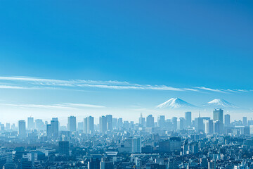 Naklejka premium City skyline with a blue sky and mountains in the background. The city is bustling with activity and the sky is clear and bright