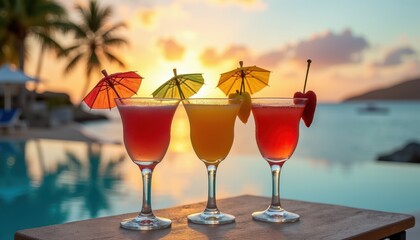 Exotic daiquiris served with colorful umbrellas on a poolside with a sunset horizon