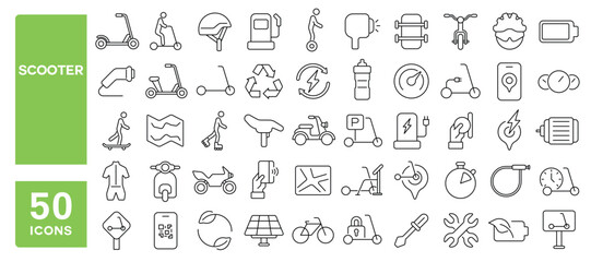 Set of 50 line icons related to scooter, electric, rental, helmet, speed, ride, motorcycle, wheel, biker, Editable stroke. Vector illustration © M Design