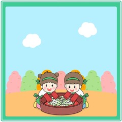 김장김치 김장담그는 어린이 라벨 일러스트